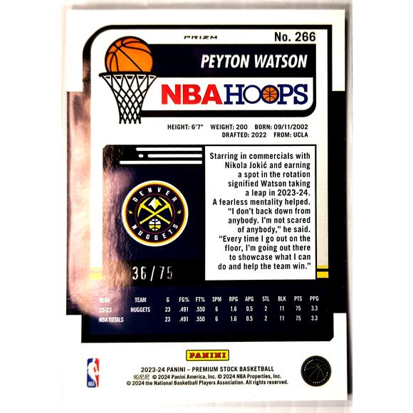 2023-24 NBA Hoops Premium Stock PEYTON WATSON #266 Blue Pulsar Prizm 36/75 - Picture 2 of 2